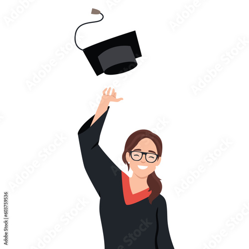 Excited graduate in cloak and graduation hat. Caucasian graduate throwing up hat. Cheerful female graduate with hands raised celebrating. Flat vector illustration isolated on white background