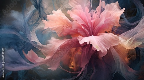  a large pink flower is in the middle of a painting of blue and pink smoke and flowers are in the middle of the painting of the picture.  generative ai