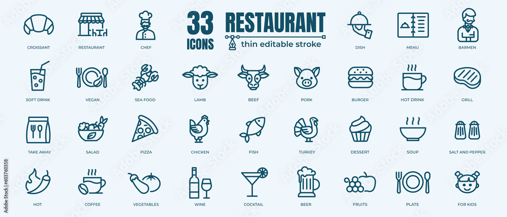 Restaurant vector line icons set. Food icon collection. Thin signs for restaurant menu. Pixel perfect 64x64. Editable Strokes - obrazy, fototapety, plakaty 