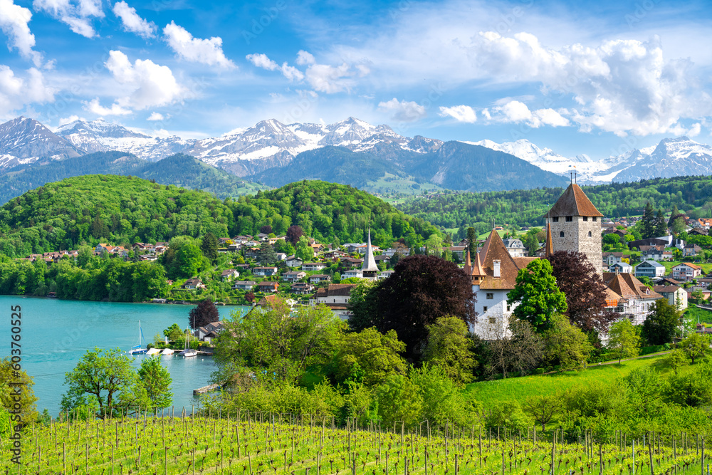 view on Spiez town on Lake Thun with Alps in Switzerland