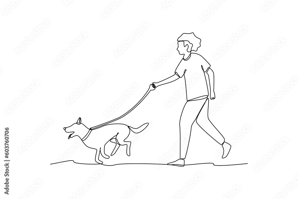 Single one-line drawing pets run with their owners. Urban pet concept. Continuous line draw design graphic vector illustration. Single one-line drawing pets run with their owners. Urban pet concept. Continuous line draw design graphic vector illustration.
