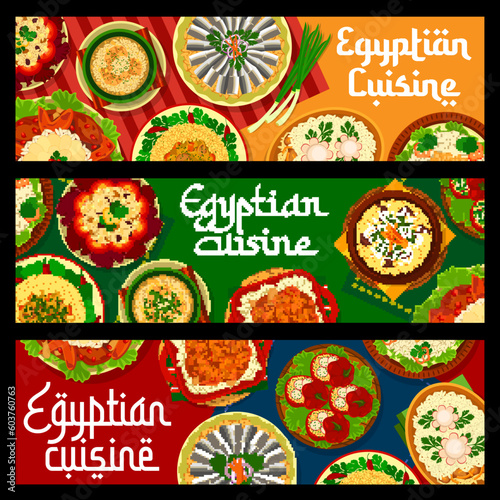 Egyptian cuisine restaurant food banners, dishes and meals of Egypt, vector. Egyptian food couscous and pilaf rice with lamb, shurba al-lmma soup with meatballs and megaddara with lentils or chicken
