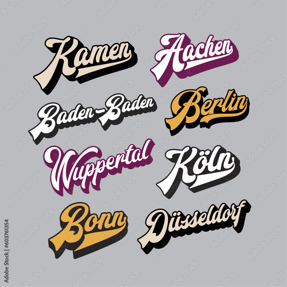 Fototapeta premium Set of German cities logos vector. Modern typography. Handmade lettering for apparel, sticker, souvenir, advertising, identity. Touristic art in high quality. Travel and adventure