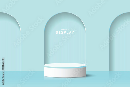 White blue 3d cylinder podium pedestal realistic placed in front of three arch door background. Minimal scene for mockup or product presentation, showcase. 3d vector geometric form design.
