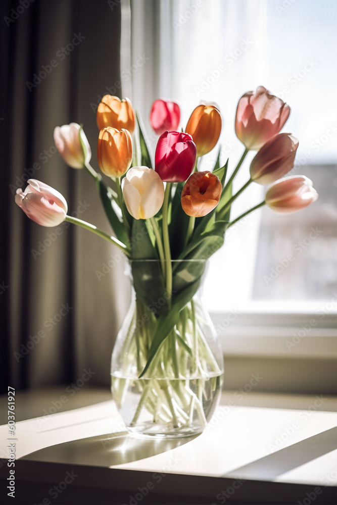 Fototapeta premium Glass vase with a bouquet of tulips on a windowsill, Generative AI