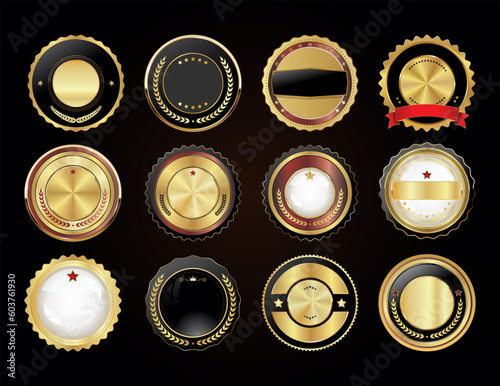 Collection of golden badges isolated on black background vector illustration 