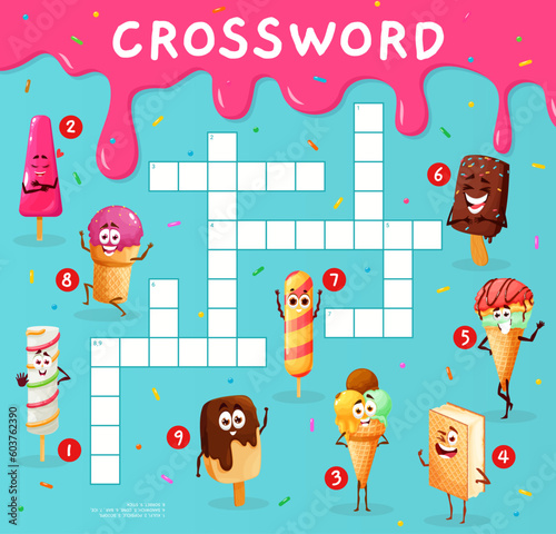 Crossword quiz game grid, cartoon funny ice cream dessert characters. Vector find a word worksheet with kulfi, popsicle, scoops, sandwich and cone. Bar, ice sorbet and stick icecream personages