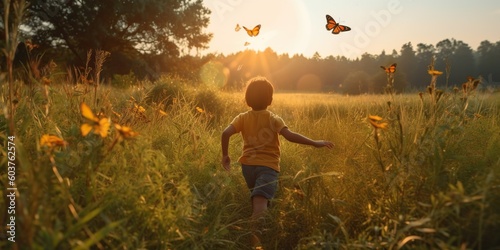 Rear view of a child chasing after a colorful butterfly in a sunlit meadow, discovering the wonders of nature, concept of Exploration of surroundings, created with Generative AI technology