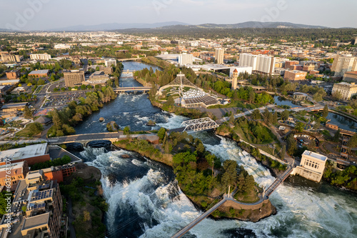 Aerial View of the Spokane River flowing through downtown Spokane Washington