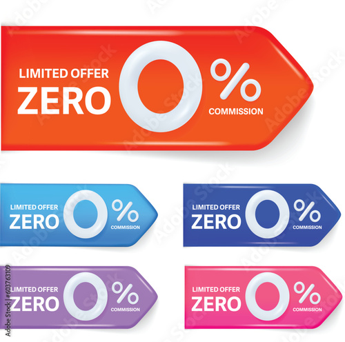 0 percents banner - zero commission special offer layout template with 3D zero.  Tag label, sale banner with super zero 0% discount. 3d rendering.