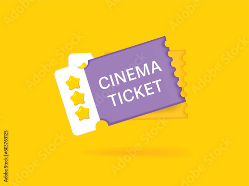 Cinema ticket 3d. Coupon cinema. Tag label, sale banner. 3d rendering.