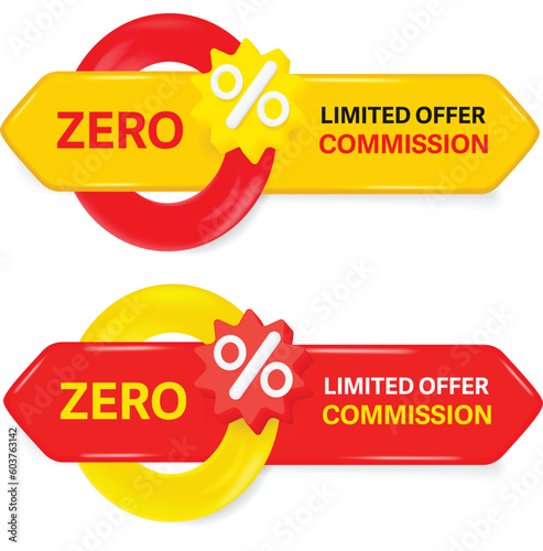 0 percents banner - zero commission special offer layout template with 3D zero.  Tag label, sale banner with super zero 0% discount. 3d rendering.