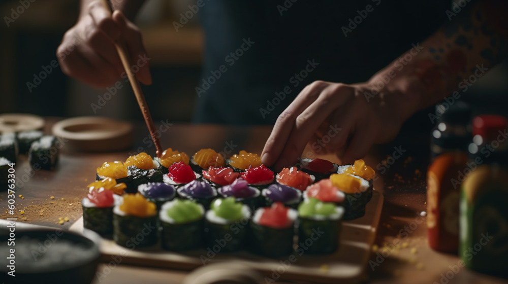 Artful Symphony: Exquisite Rainbow Vegetable Sushi Roll, Skillfully Crafted with Colorful Julienne Carrots, Crisp Cucumbers, and Creamy Avocado, All Encased in Perfectly Seasoned Rice, Generative AI, 