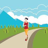 flat design running young girls in the forest with mountain background