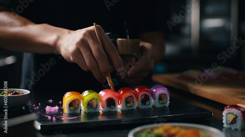 Artful Symphony: Exquisite Rainbow Vegetable Sushi Roll, Skillfully Crafted with Colorful Julienne Carrots, Crisp Cucumbers, and Creamy Avocado, All Encased in Perfectly Seasoned Rice, Generative AI, 