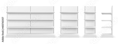 Supermarket shelf. White retail shop product shelves and racks. Empty store showcase display for grocery items, packaged foods, beverages, snacks, household essentials, 3d vector realistic mockup