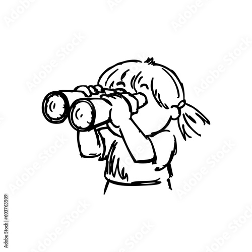 Cute little girl with binoculars. Vector hand drawn illustration.