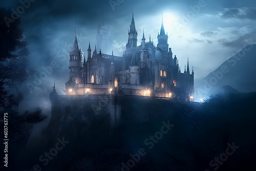 Halloween. Majestic old gothic castle on hill in moonlight, foggy night, haunted mansion. Horror and darkness. Generative AI