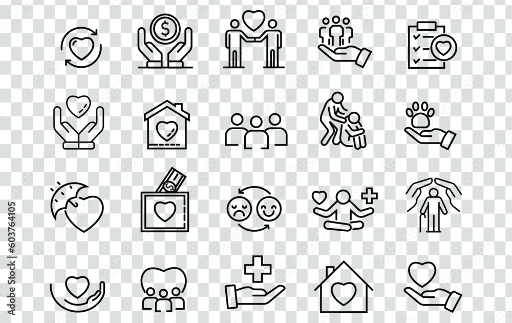 Set line icons of care and support. Help in a difficult life situation, icon collection. Helping hand, heart, keeping alive, hugs. Lines with editable stroke