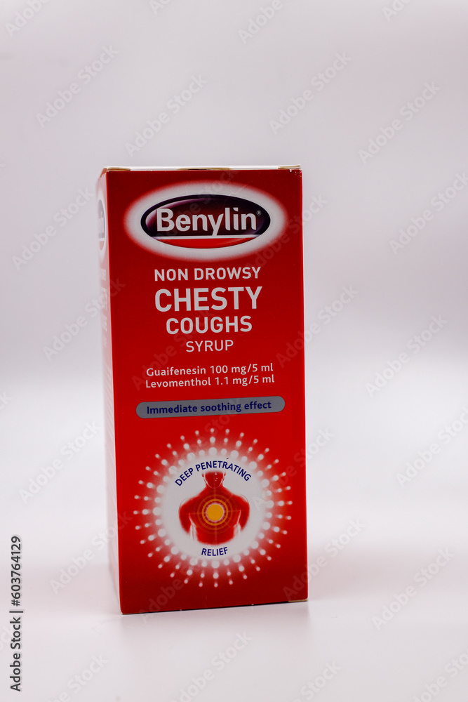 Benylin cough syrup liquid medicine for chesty coughs. Box isolated against white background