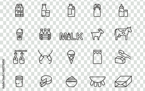 Milk  dairy products  icon set. Signs Black Thin Line Icon Set. Vector. Milk production stages from harvesting to sale  linear icon collection. Line with editable stroke