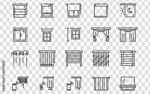 Window blinds icons set. blinds and jalouise line icons set. French, Austrian, Japanese, classic curtains, blinds, drapery, wicker, for the bathroom. Lines with editable stroke