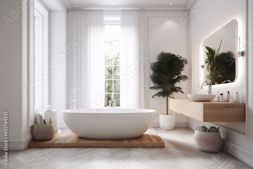 home bathroom luxury bathtub white modern wood house architecture tub interior. Generative AI.