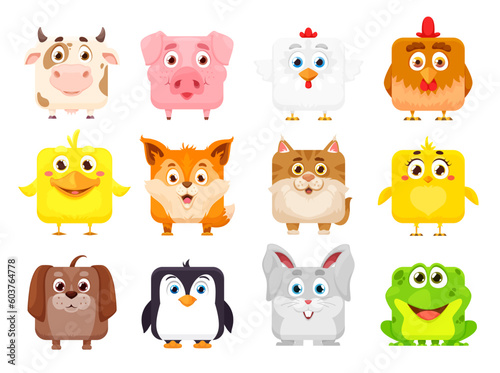 Cartoon kawaii square animal faces of cute pets. Vector kawaii smile faces of baby cat, rabbit and pig, happy cartoon animal characters with smile, dog and chick, cow, piglet and bunny © Vector Tradition