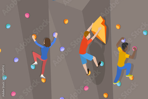 3D Isometric Flat Vector Conceptual Illustration of Climbing Wall, Mountain Rock Climbers