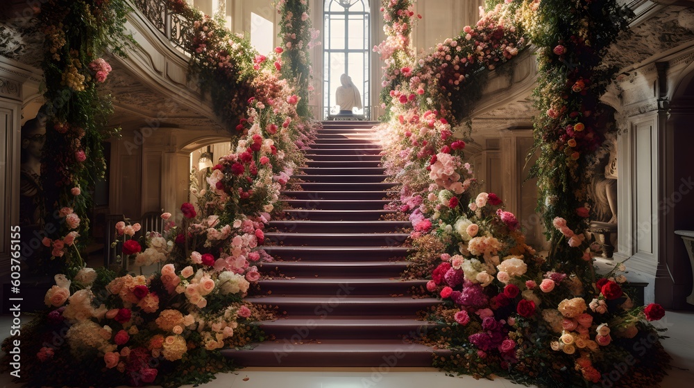 Generative AI. Staircase decorated with flowers and petals
