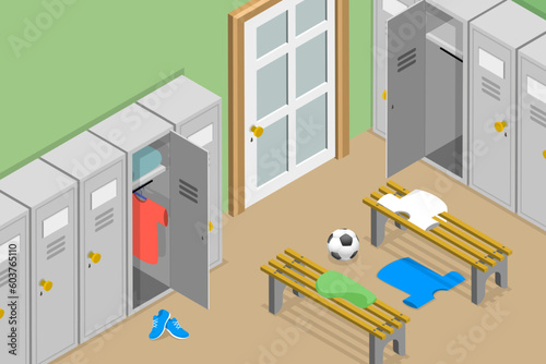 3D Isometric Flat Vector Conceptual Illustration of Gym Dressing Room, Empty Interior with Metal Cabinets