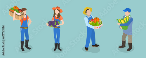 3D Isometric Flat Vector Set of Farmers, Harvest Season