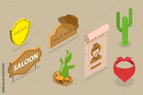 3D Isometric Flat Vector Set of Wild West Attributes, Vintage Accessories