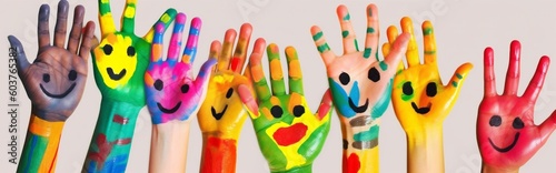art hand fun concept smile paint finger colorful child artist. Generative AI.