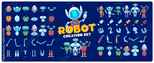 Robot creation kit. Cartoon character constructor and animation asset. Vector set of editable droid arms, legs, bodies and head elements. Artificial intelligence machines and cyborg personages creator