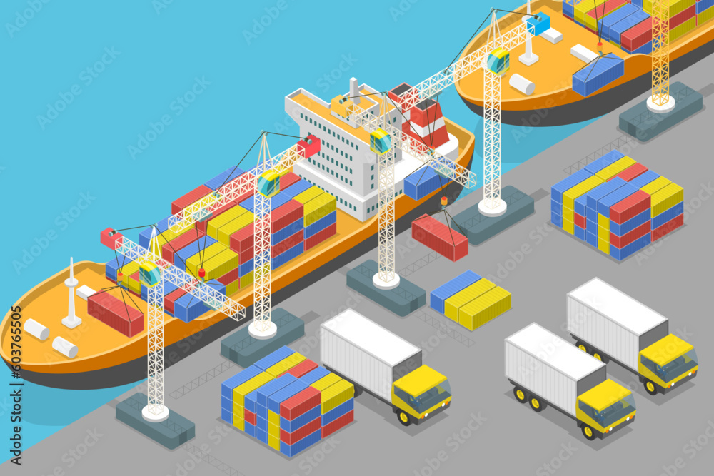 3D Isometric Flat Vector Conceptual Illustration of Maritime Port, Transport Logistics