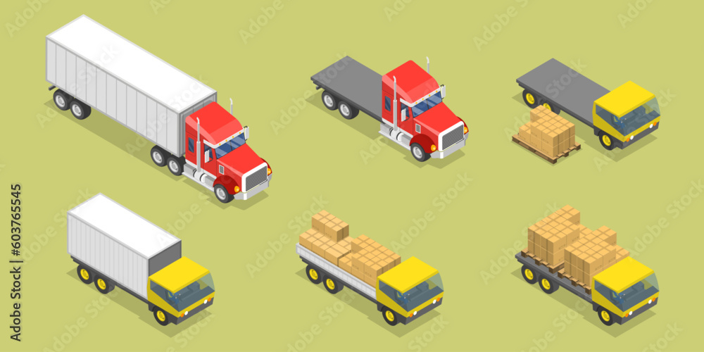 3D Isometric Flat Vector Set of Trucks, Commercial Delivery Vehicles 3D Isometric Flat Vector Set of Trucks, Commercial Delivery Vehicles