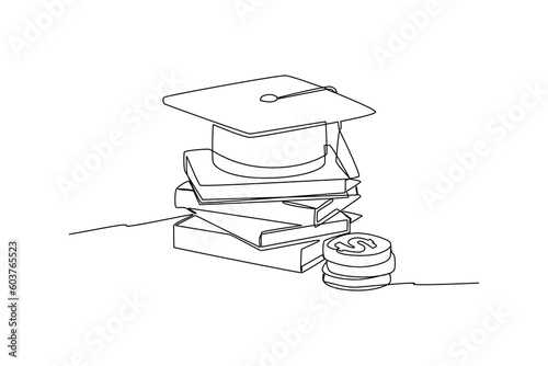 Continuous one-line drawing pile of books, graduation cap, and money. Financial literacy concept single line drawing design graphic vector illustration