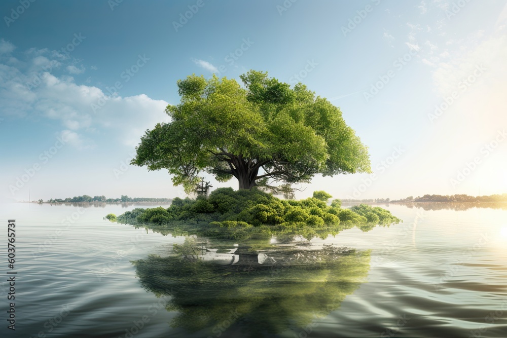 Illustration of a piece of green grass and tree surrounded by water and blue sky.Green and blue sustainability concept Illustration of a piece of green grass and tree surrounded by water and blue sky.Green and blue sustainability concept