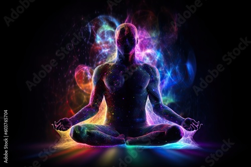 Colorful Illustration man sitting in pose of lotus. Meditation on outer space background with glowing chakras.ai generated
