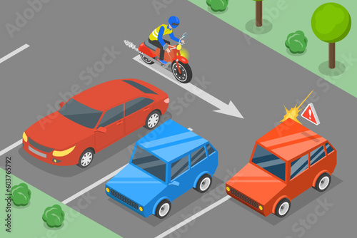 3D Isometric Flat Vector Conceptual Illustration of Rear End Hit, Motorcycle Collision