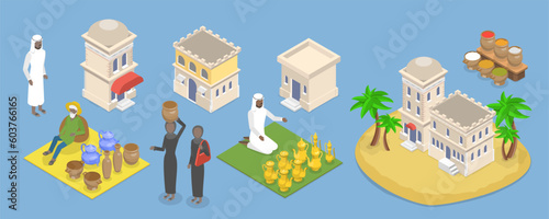 3D Isometric Flat Vector Conceptual Illustration of Eastern Bazaar, Asian Street Market