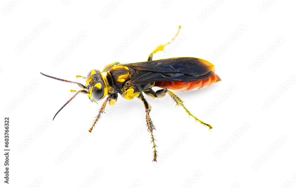 Larra bicolor is a parasitoid wasp native to South America. It was introduced into Florida as a biological pest control of invasive mole crickets isolated on white background. Side top view