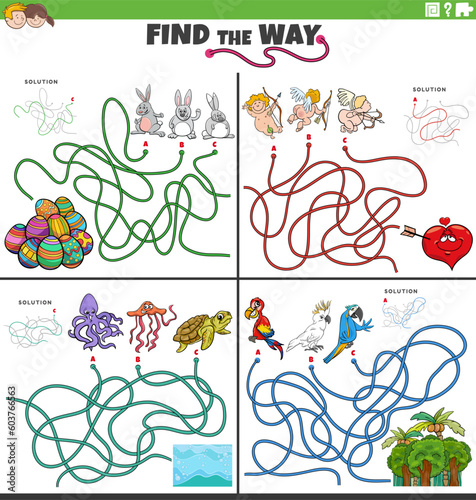 find the way maze games set with funny cartoon characters