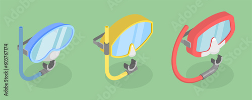 3D Isometric Flat Vector Set of Dive Glasses, Scuba Diving Equipment