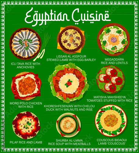 Egyptian cuisine menu, food dishes and meals, vector restaurant lunch and dinner. Egyptian cuisine traditional couscous with lamb, icli tava rice with anchovy and lissan al assfour stewed lamb