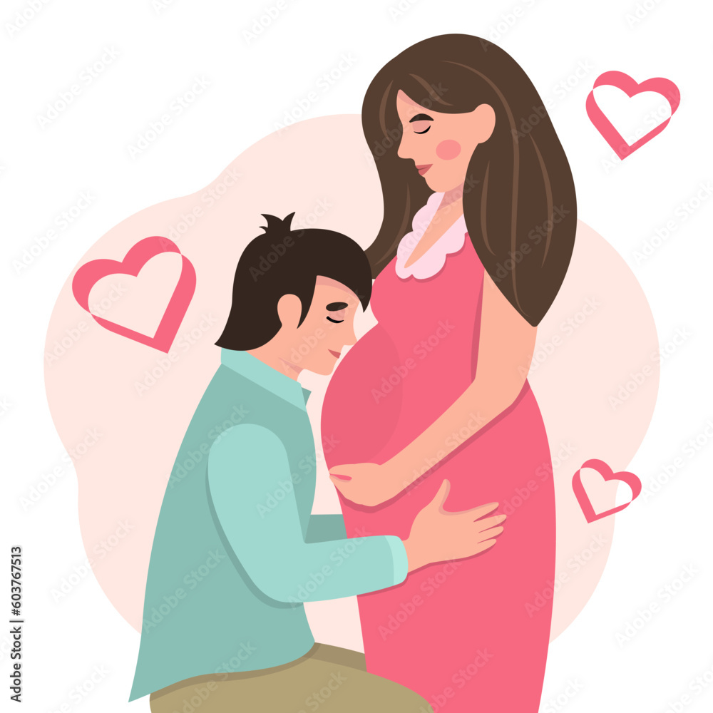 Obraz premium Happy family concept. Young pregnant woman with husband.Child expectation, new life, happy family. Vector flat illustration.