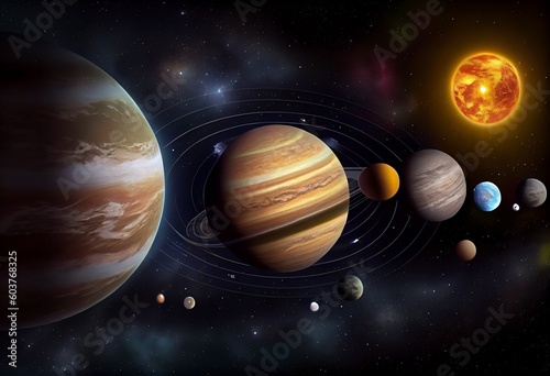Solar system planet background earth sun galaxy astrology infographic poster jupiter. Generative AI © Wanwisa