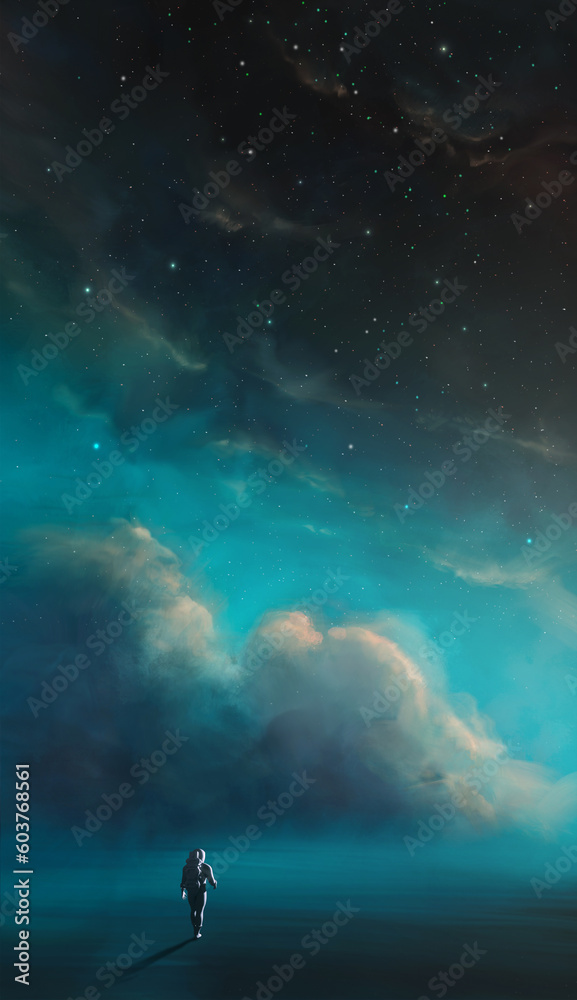 Space background. Astronaut walking on reflection surface with colorful cloud, nebula. Digital painting, 3D rendering