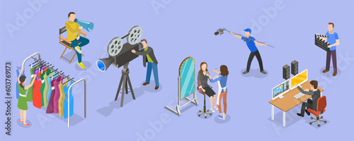 3D Isometric Flat Vector Conceptual Illustration of Cinema Production, Movie Making